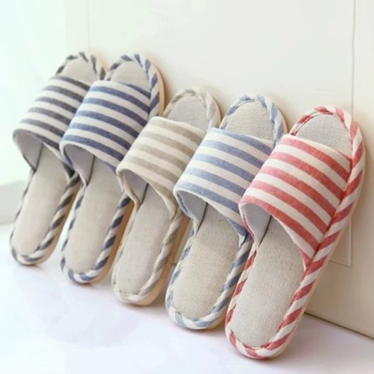 Полосатые льняные тапочки Four Seasons домашние мужские и женские пары домашние Нескользящие хлопковые тапочки на толстой подошве оптом домашние сандалии и тапочки
