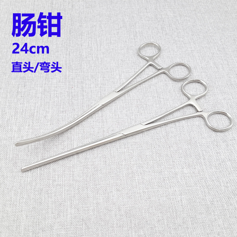 泉卓医用肠钳手术夹肠钳宠物裁耳钳剪修耳钳24cm直头弯头夹肠工具
