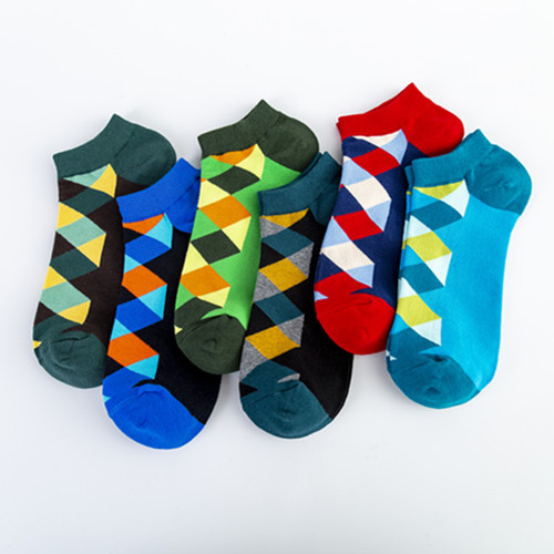 Cross-border new fashion colorful boat socks with 6 colors and diamond patterns, wholesale happy casual boat socks