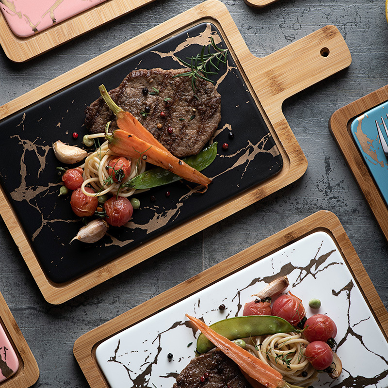 Nordic Style Marble Gold Pattern Western Plate Ceramic Rectangular Steak Plate with Handles Placemat Bread Plate Pizza Plate