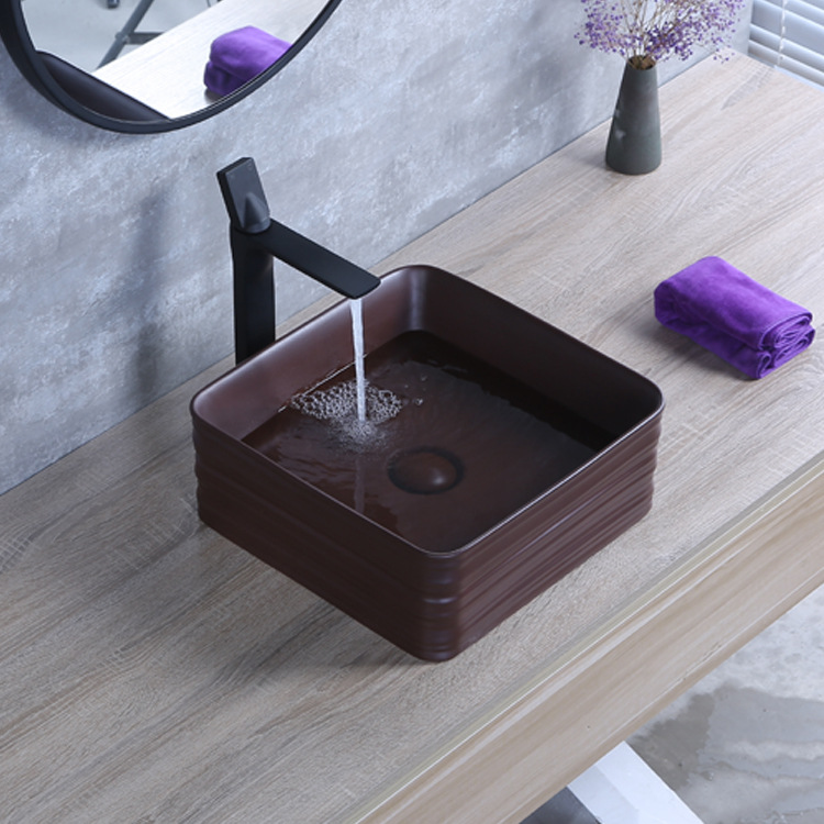 Lavabo cuadrado de cerámica Hengying, color café oscuro, esmaltado, estilo moderno, directamente del fabricante.