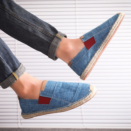 Cross-border large size new men's shoes casual lazy shoes handmade grass-woven canvas breathable hemp sole linen fisherman's canvas shoes