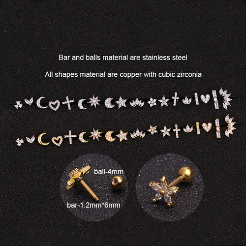 Titanium steel stainless steel rod micro-inlaid zircon crown ear bone nail screw ball fashion earrings European and American piercing jewelry