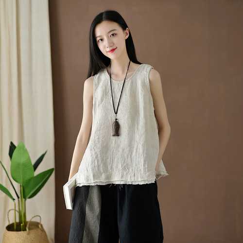 2024 spring and summer new cotton and linen women's clothing, artistic retro linen raw edge suspender tops, women's bottoming vests