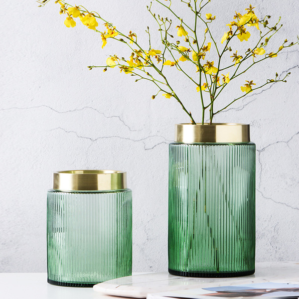 Nordic light luxury style color glass vase with gold -colored ring…