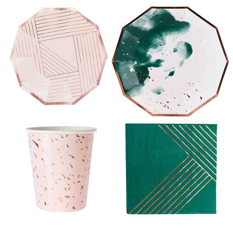 New Style Tableware Party Decoration Paper Plate Paper Cup Chinese Style Green Ink Dish High-end Party Cake Plate New Style Tableware Party Decoration Paper Plate Paper Cup Chinese Style Green Ink Dish High-end Party Cake Plate