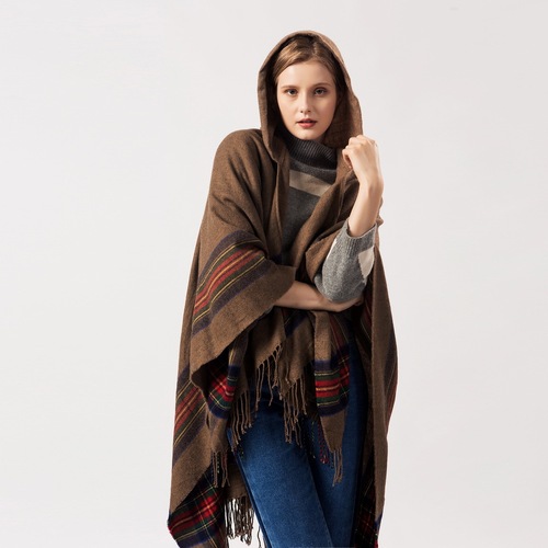 European and American women's thickened colorful striped imitation cashmere jacquard shawl can be worn to keep warm and lengthen the fashionable hooded cloak.