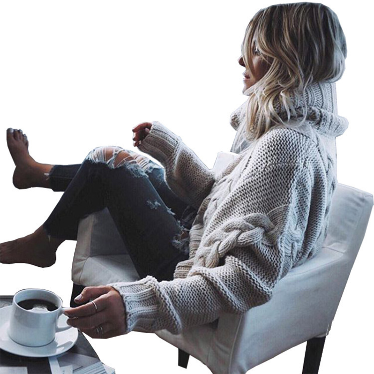 AliExpress otoño e invierno nuevo estilo europeo y americano color sólido giro cuello alto suéter mujer moda suelta suéter corto
