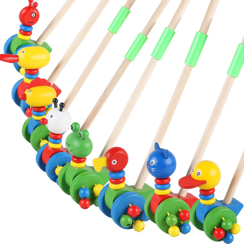 Children's toys new cartoon animal stroller wooden single pole stroller toddler stall toy