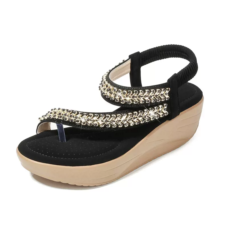 夏季新款圆头夹趾女凉鞋厚底坡跟松紧带水钻凉鞋跨境大码时尚凉鞋