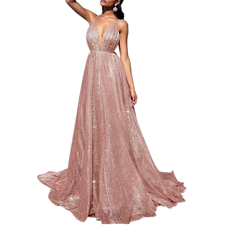 2025 European and American New Style V Neck High Waist Suspender Dress Long Skirt Amazon Waist Sexy Backless Evening Dress