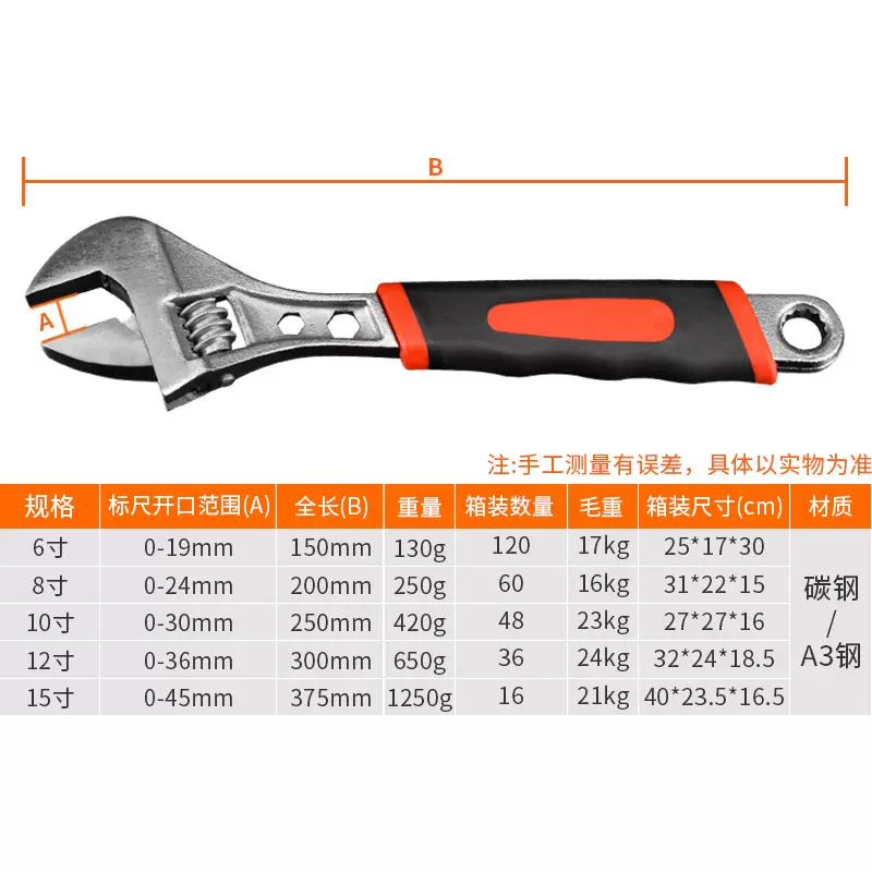 邵东五金厂家批发工具活动扳手 开口活络扳手家用扳手6/8/10/12寸