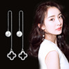 Silver needle, fashionable earrings, long zirconium with tassels from pearl, silver 925 sample