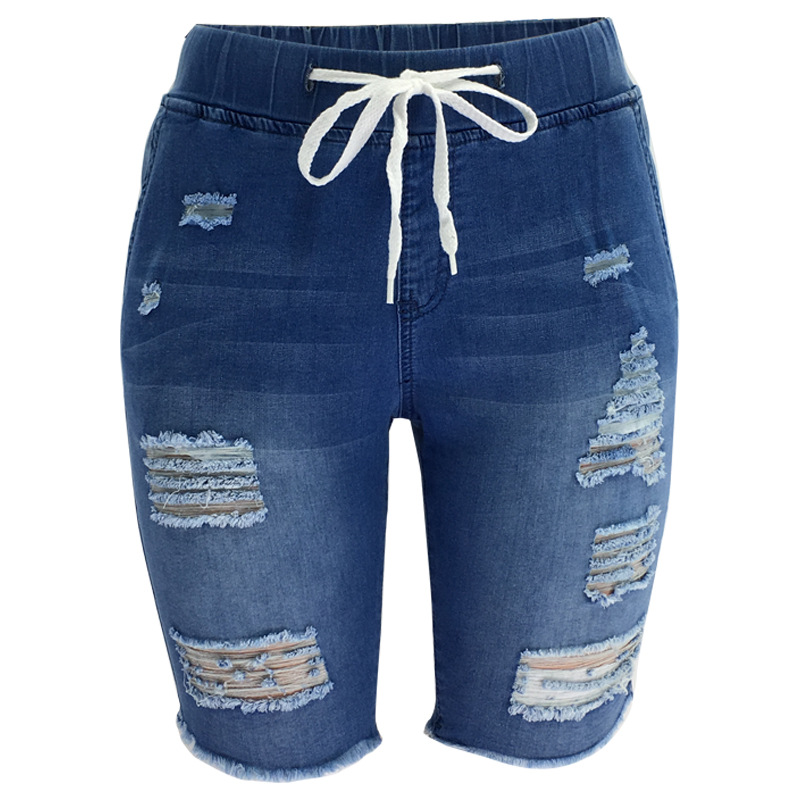 Shorts de Mezclilla Azul de Lavado Medio, Elásticos, de Cintura Media, Rotos, Estilo Europeo y Americano, Primavera 2025