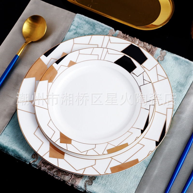 Creative Ceramic Black Gold Vegetable Plate Tableware Set Household Ceramic Round Model Steak Plate Western Plate Set Table