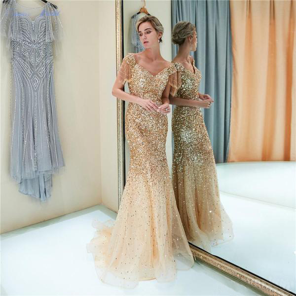 Vestido Largo Ajustado con Cola de Pez para Mujer, Estilo Europeo y Americano, Nuevo para Comercio Exterior 2025, Vestido Sexy con Mangas Raglán y Cuello en V con Adornos Dorados para eBay