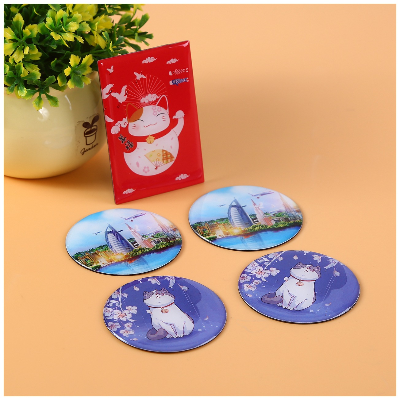 Fabricante de imanes de nevera de epoxi coloridos, pegatinas magnéticas suaves de gato de la suerte de dibujos animados, imanes de nevera de epoxi de cristal, hechos a medida