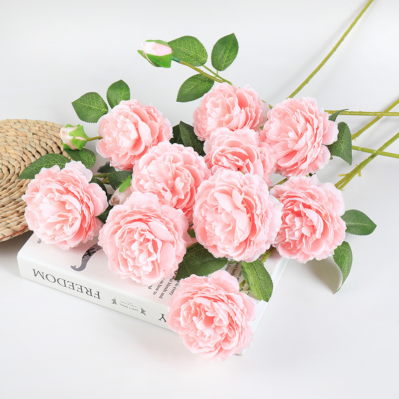 牡丹の花の3叉の洋牡丹のバラの花束の偽の花の結婚祝いの客間の装飾のプラスチックの偽の花の絹の花の卸売りをシミュレーションします。|undefined