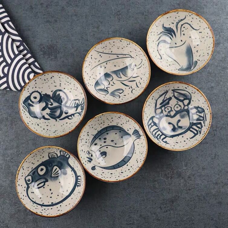 Japanese Style Ceramic Tableware Cartoon Retro Sesame Dot Rice Bowl Home Cool Good-looking Creative 6-bowl Set