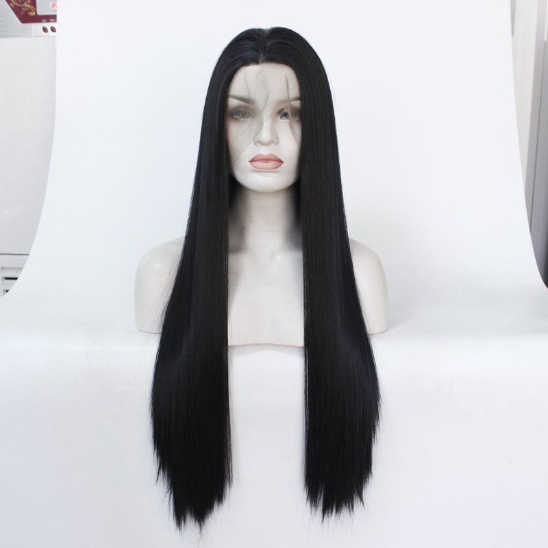 13*3.5 Amazon European and American Foreign Trade Hand-Woven Synthetic Fiber Front Lace Wig Black Long Straight Hair Wig Manufacturer Wholesale 13*3.5 Amazon European and American Foreign Trade Hand-Woven Synthetic Fiber Front Lace Wig Black Long Straight Hair Wig Manufacturer Wholesale