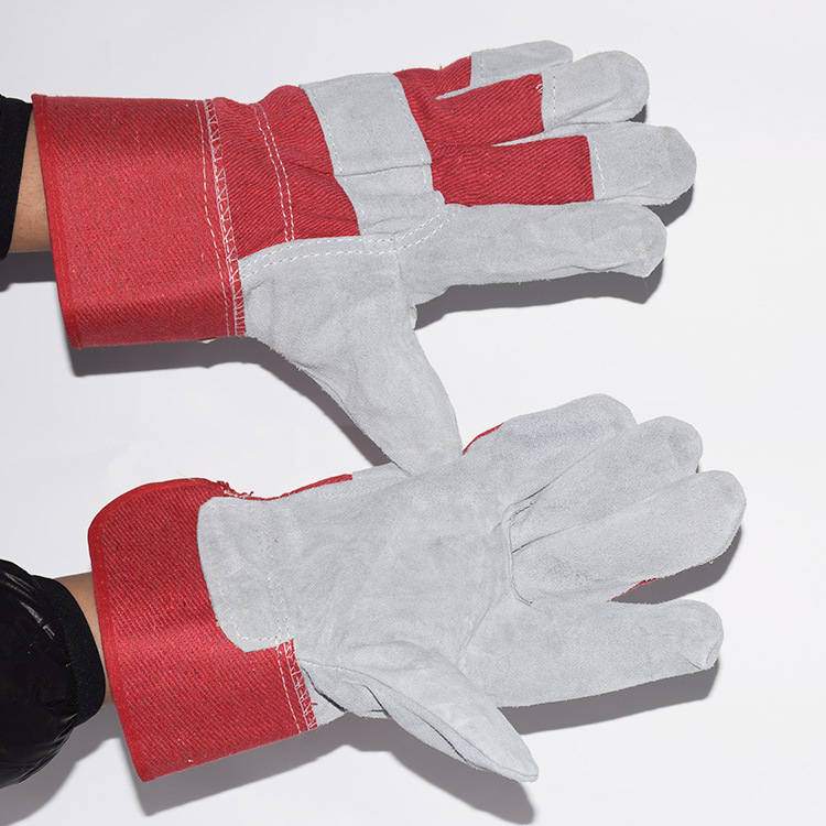 红布二层全掌皮手套 短皮电焊手套 反毛牛皮手套