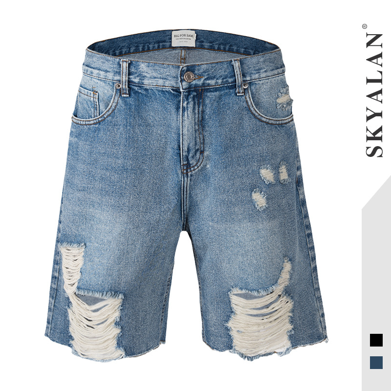 Cross-Border 2025 Summer High Street Ripped Denim Shorts Men's European and American Trendy Hip-Hop Couple Beggar Pants