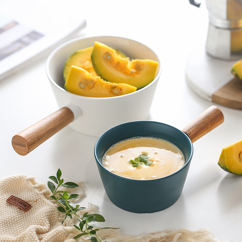 美辰达 Салатница в европейском стиле с бамбуковой ручкой, керамическая миска для пасты, ваза для фруктов, десертная миска, белый фарфор, светлый, роскошный ретро