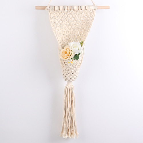European style cotton rope with wooden stick flowerpot net bag Bohemian style hand-woven hanging basket multi-color hanging rope wholesale