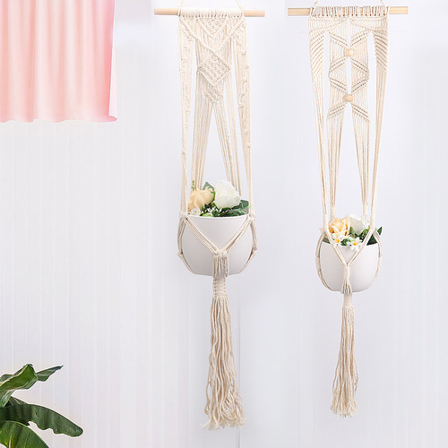European style cotton rope with wooden stick flowerpot net bag Bohemian style hand-woven hanging basket multi-color hanging rope wholesale
