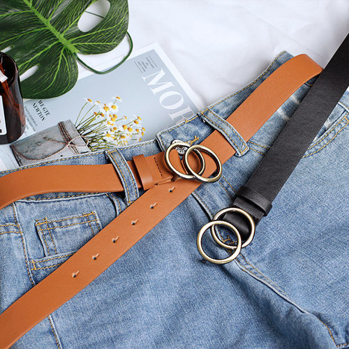 Cross-border bronze round buckle women's belt, European and American fashion versatile decorative belt, retro trendy simple women's belt