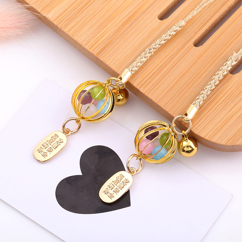 新款五彩珠灯笼球diy手机绳挂饰 猫眼石合金电镀包包彩绳辅料批发