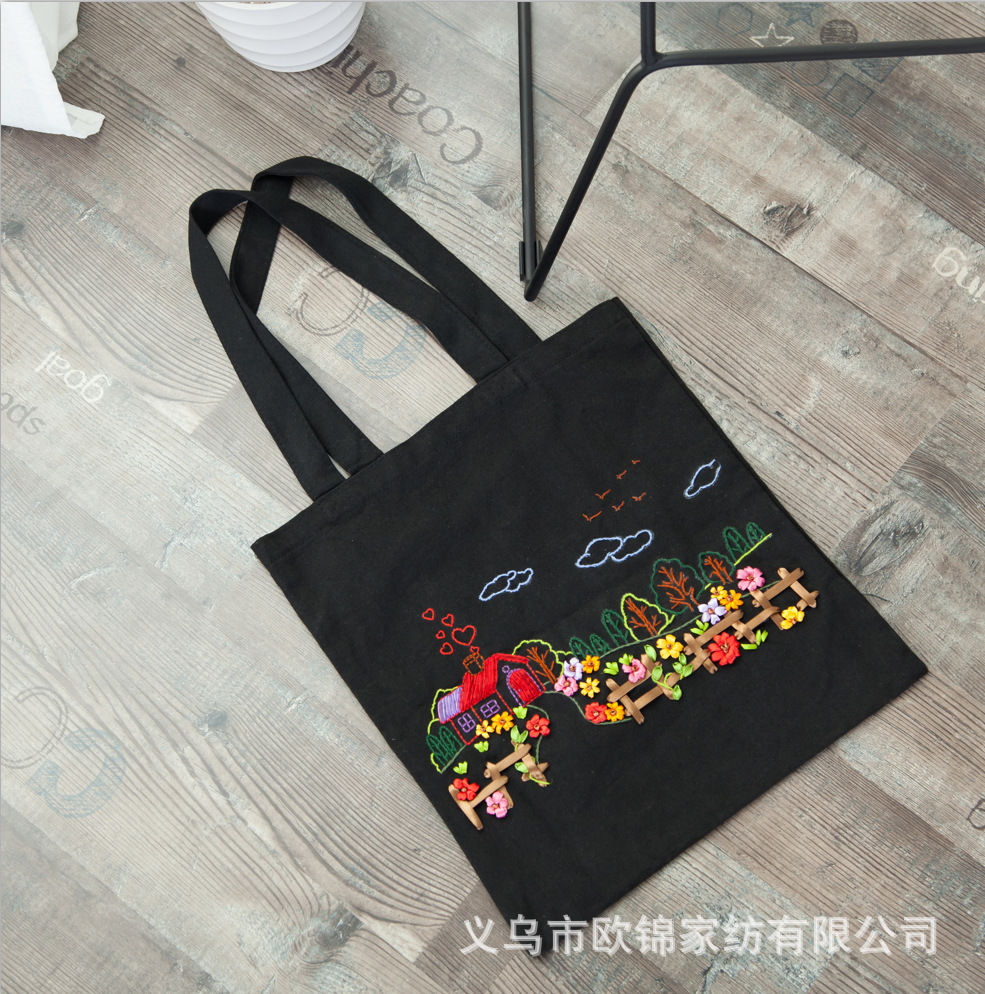 Bordado Negro Bolsa de lona bordado DIY estudiante bolso de hombro adulto hecho a mano principiante material bolsa Suzhou bordado