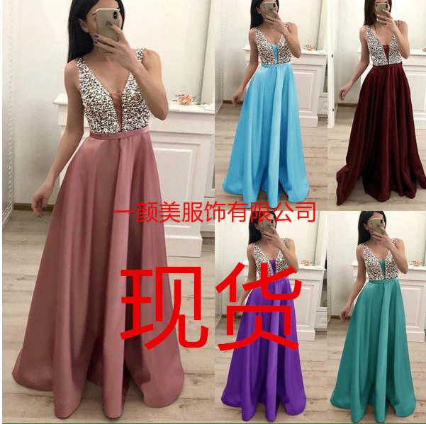 Fashion Color Women's Long Dress Deep Collar Cocktail Dress Sleeveless Evening Dress Collage Night Club Dress