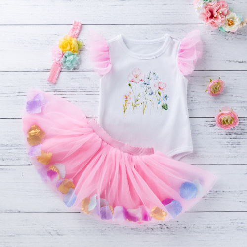 Summer baby clothes wholesale baby girl printed unicorn short-sleeved harem pink rainbow mesh skirt suit