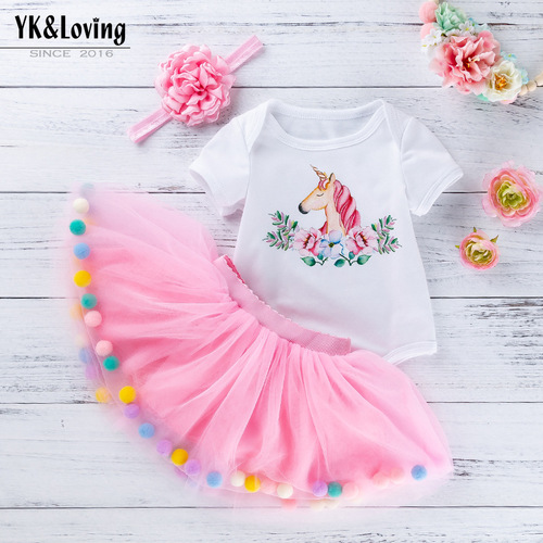 Summer baby clothes wholesale baby girl printed unicorn short-sleeved harem pink rainbow mesh skirt suit