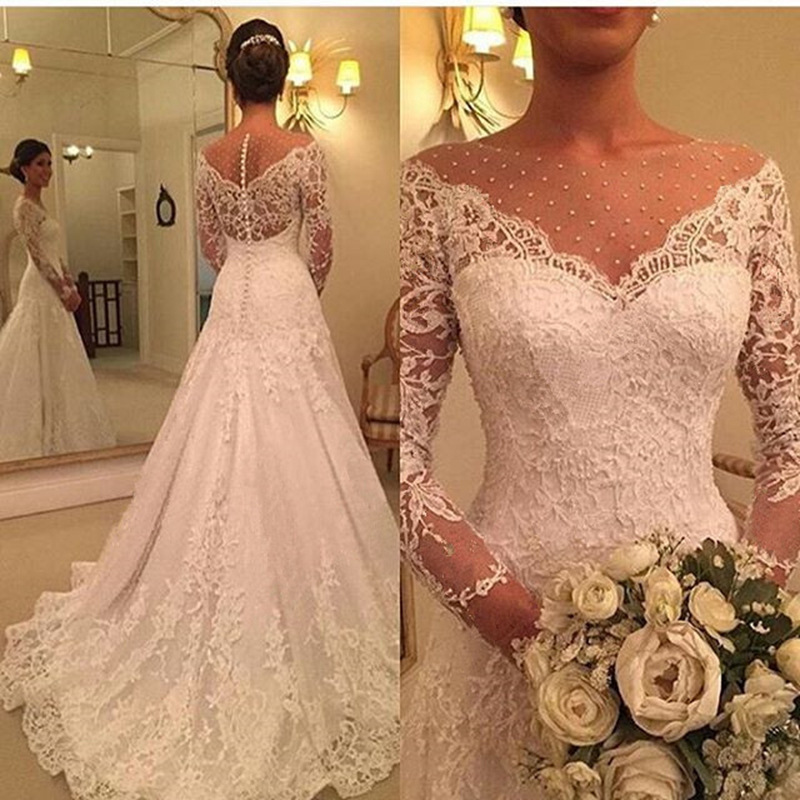 retro lace long-sleeve with a round collar for bride