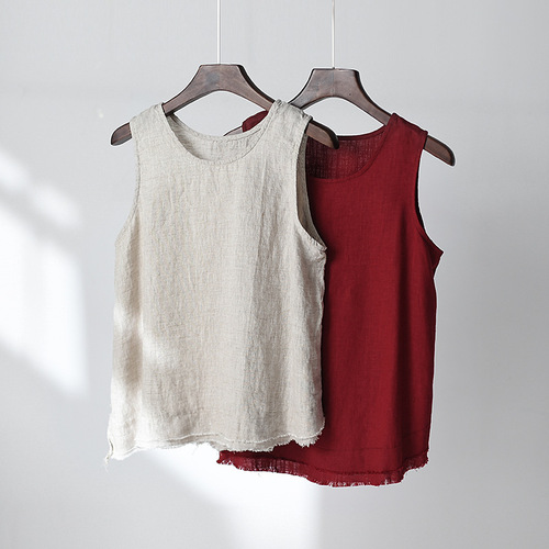 2024 spring and summer new cotton and linen women's clothing, artistic retro linen raw edge suspender tops, women's bottoming vests