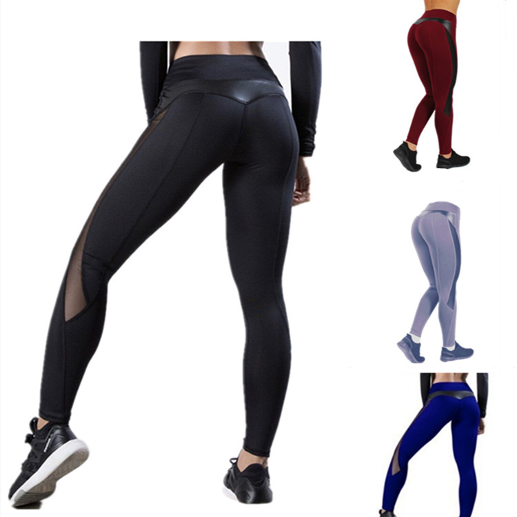 European and American Cross-Border Yoga Pants, Popular Mesh Splicing with Leather, Sexy, Breathable, Sweat-Absorbent, Outdoor Sports, Tight-Fitting Fitness Pants for Women