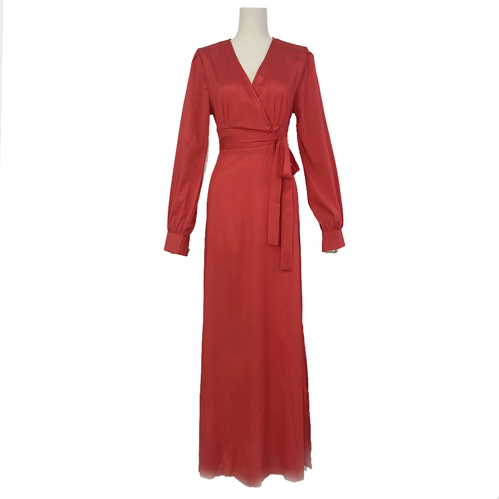 European And American Women's Clothing Cross-border Bohemian Deep V-neck With Slit, Slim-fit Solid Color Long Dress,_ecoleips.com