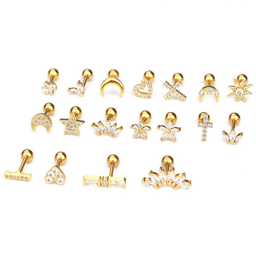 Titanium steel stainless steel rod micro-inlaid zircon crown ear bone nail screw ball fashion earrings European and American piercing jewelry