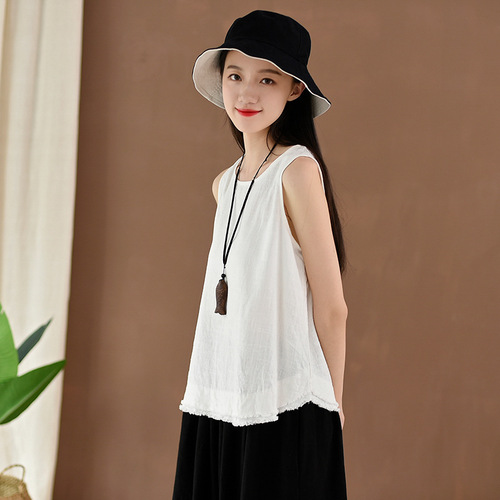 2024 spring and summer new cotton and linen women's clothing, artistic retro linen raw edge suspender tops, women's bottoming vests