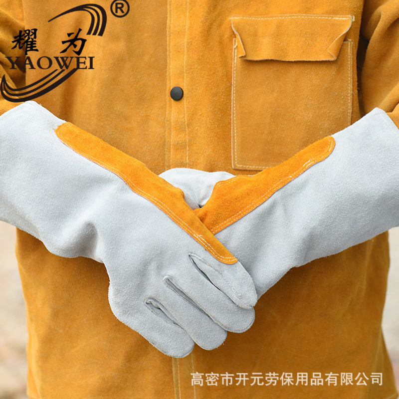 焊工电焊手套牛皮耐高温防火柔软短款焊接高温防护工作手套跨境