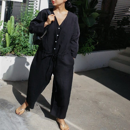 Cross-border Summer and Autumn New Double Collar Cotton and Linen Jumpsuit Women's Loose plus size Ankle-length Pants Fashion Casual Linen Pants