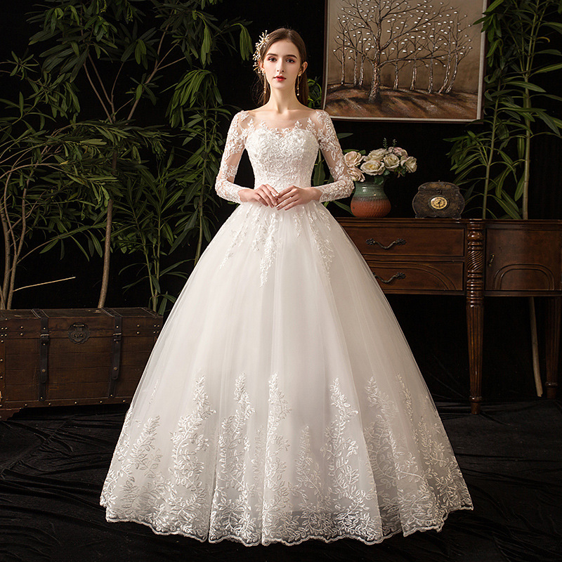 Bridal Main Wedding Dress 2026 New Style White Floor-Length Simple Plus-Size Slim-Fit Lace Long-Sleeve Tulle D50