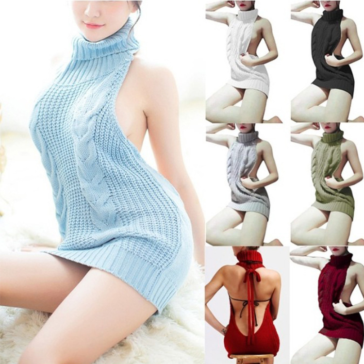 Suéter de lencería sexy sin espalda para mujer, primavera 2026, jersey de punto sin mangas con cuello alto, cosplay para chicas 1369-1.
