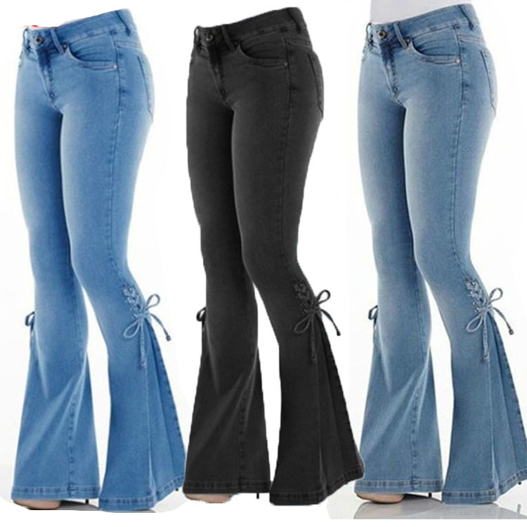 European and American Foreign Trade Cross-border New Solid Color High Waist Lace-up Decorative Flared Pants Stretch Jeans Pants AliExpress