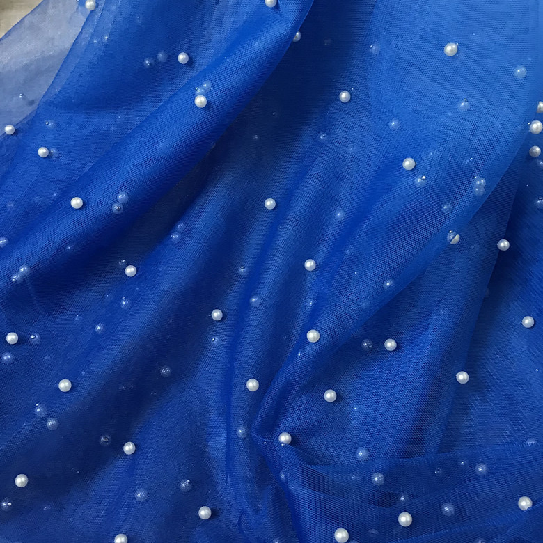 宝蓝色大红色钉珠珍珠网纱连衣裙女装珍珠网纱童装服装布料面料