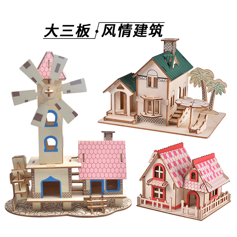3D three-dimensional wooden puzzle laser cutting ancient building model children's handmade DIY educational toys factory wholesale