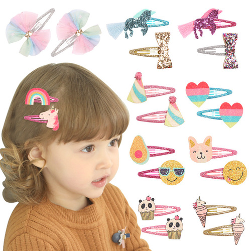90511 New Sequined Greet Hair Clip Unicorn Bow Rainbow Water Drop Clip Sweet Children's Pair Clip