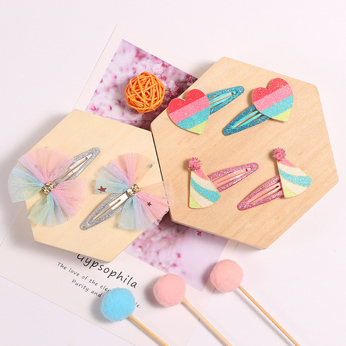 90511 New Sequined Greet Hair Clip Unicorn Bow Rainbow Water Drop Clip Sweet Children's Pair Clip